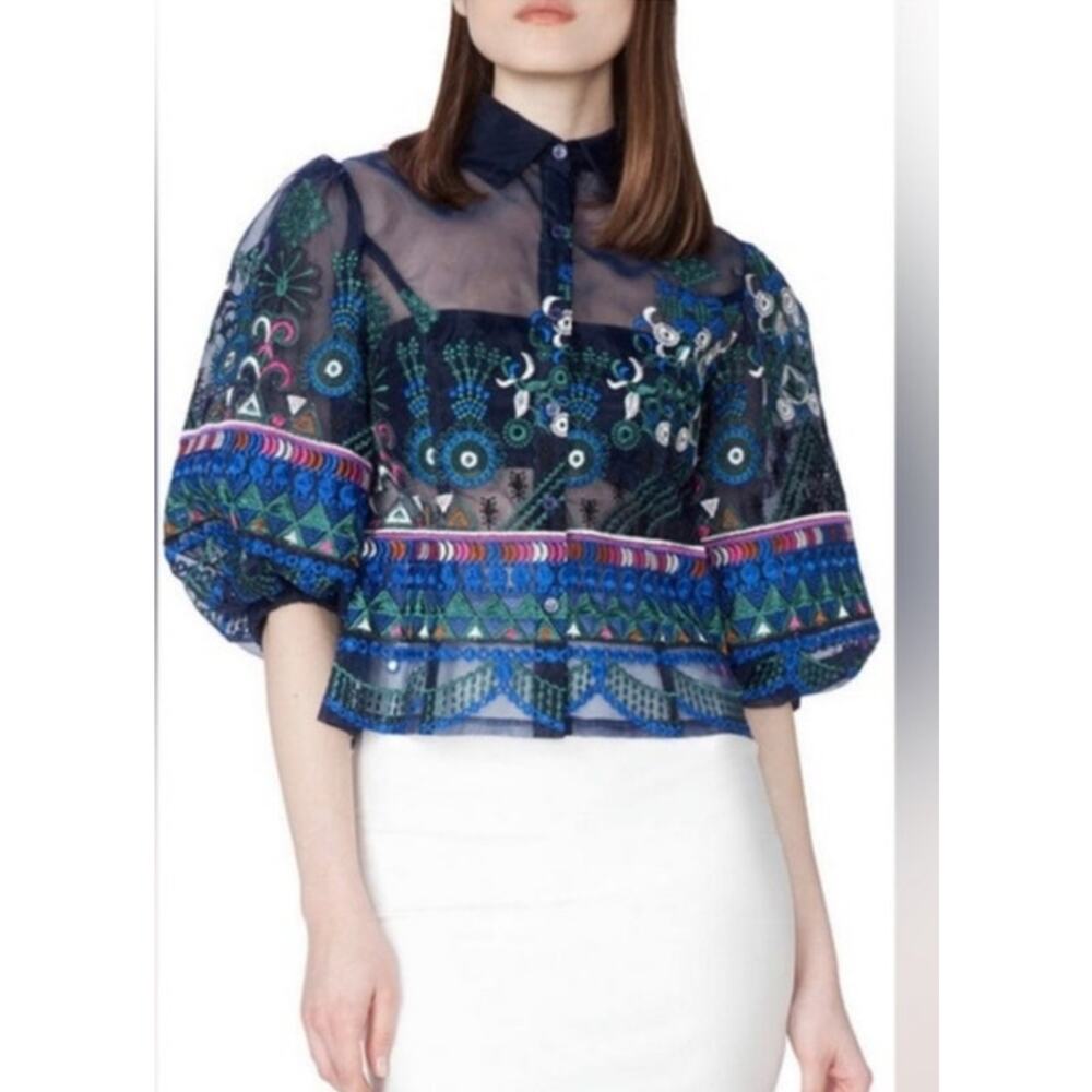 Garcia Embroidered Tulle Sheer Blouse Navy Romantic Statement Size Small